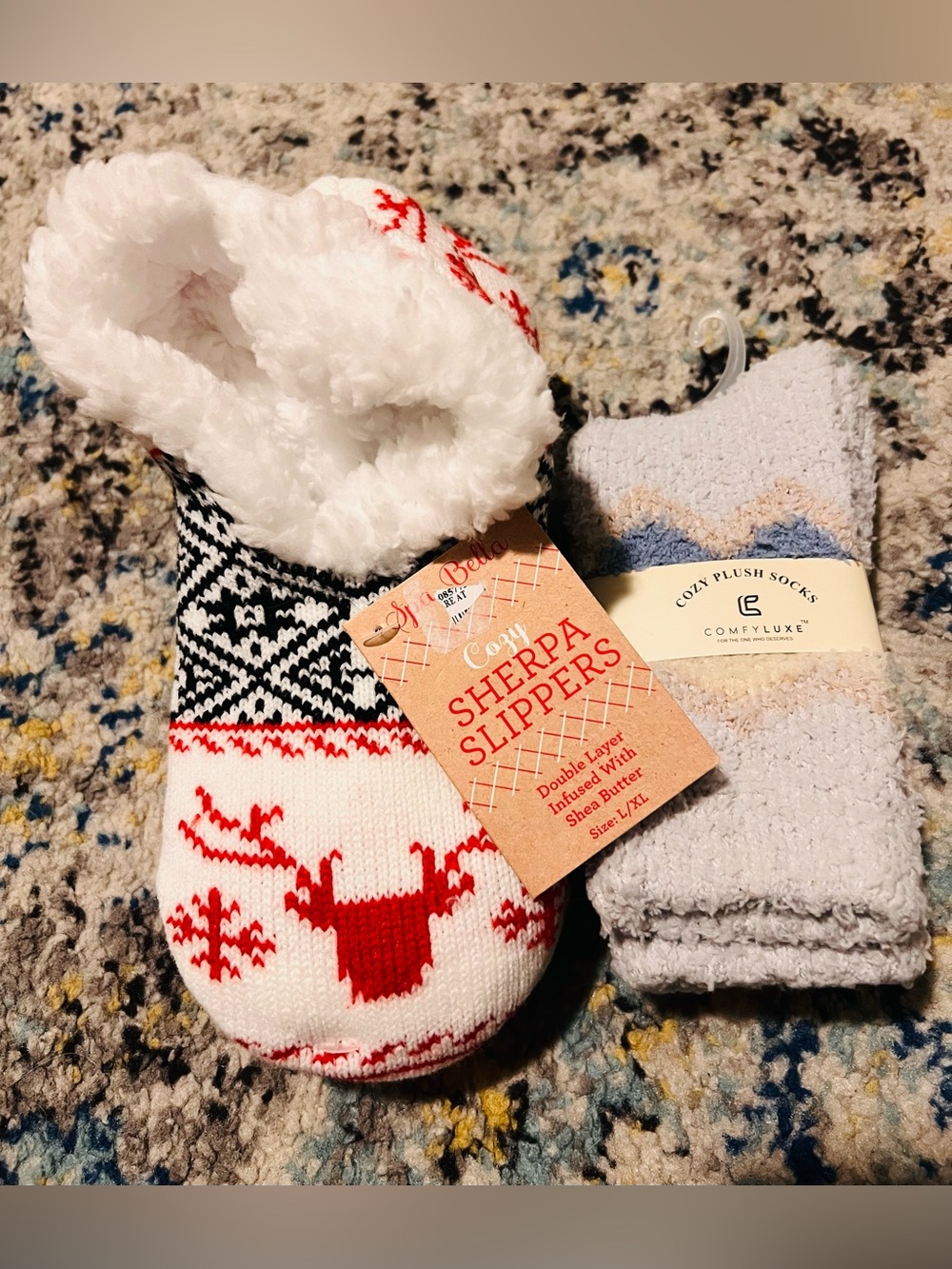 Cozy Sherpa Slippers L/XL + Plush Cozy Socks Bundle NEW